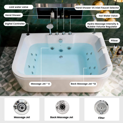 Nuvia 61-Inch 2-Person Acrylic Whirlpool Massage Bathtub with 16 Water Jets and LED Lights