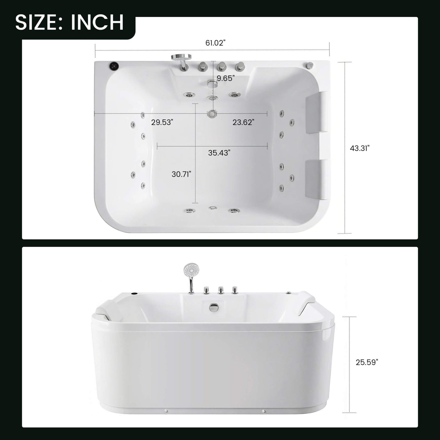 Nuvia 61-Inch 2-Person Acrylic Whirlpool Massage Bathtub with 16 Water Jets and LED Lights