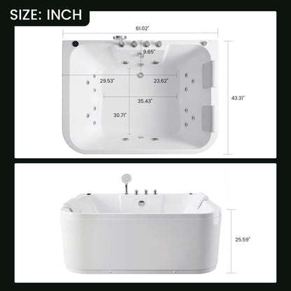 Nuvia 61-Inch 2-Person Acrylic Whirlpool Massage Bathtub with 16 Water Jets and LED Lights