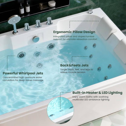 Nuvia 61-Inch 2-Person Acrylic Whirlpool Massage Bathtub with 16 Water Jets and LED Lights