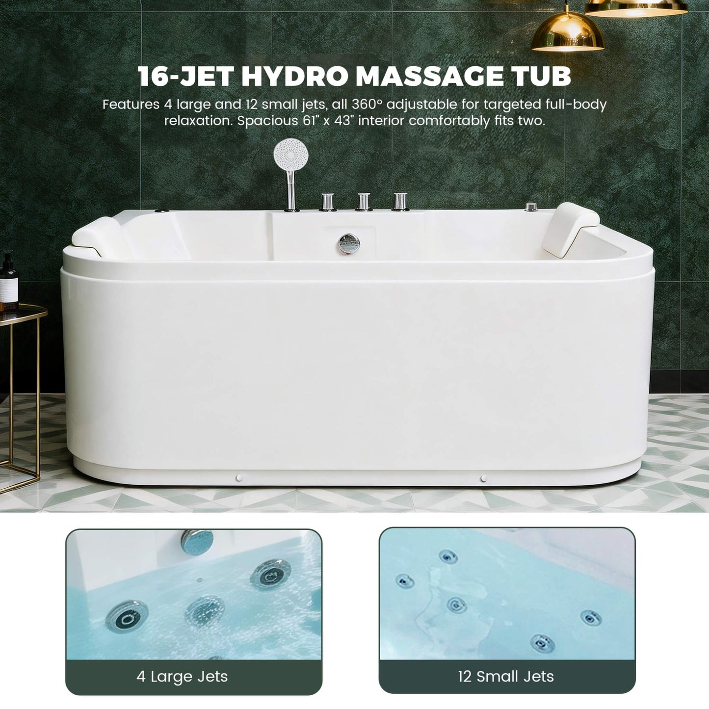 Nuvia 61-Inch 2-Person Acrylic Whirlpool Massage Bathtub with 16 Water Jets and LED Lights