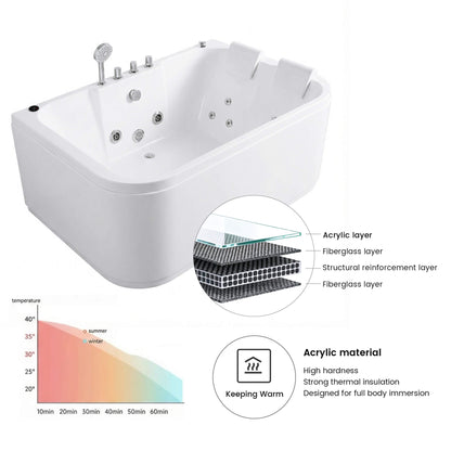 Nuvia 61-Inch 2-Person Acrylic Whirlpool Massage Bathtub with 16 Water Jets and LED Lights