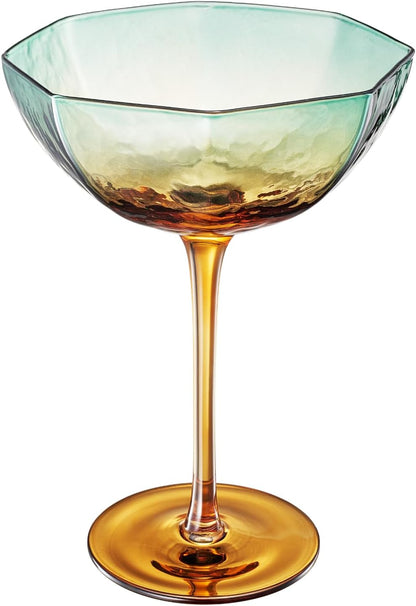 Khen Hexagonal Coupe Glasses Elegant Break Resistant  - Set of 2 Teal + Brown