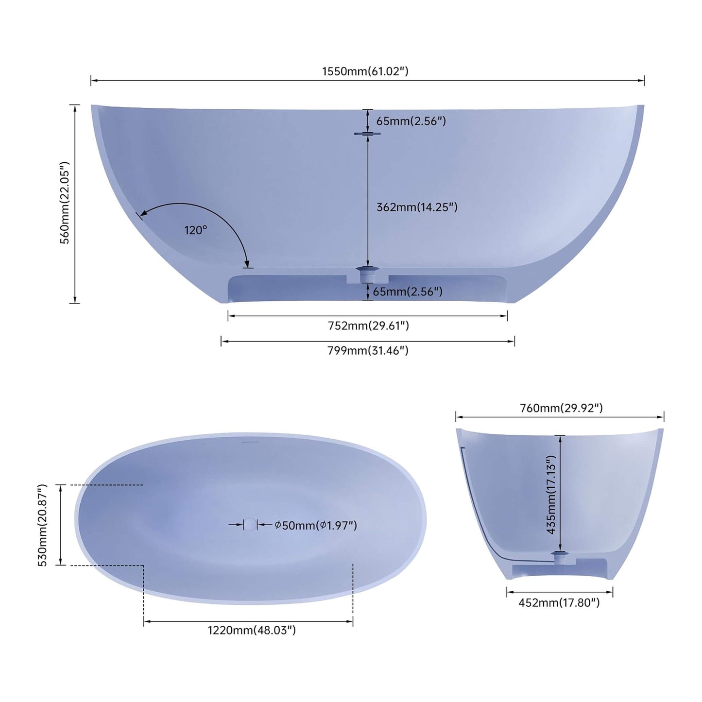 61" X 29.5" Inch Nuvia Freestanding Modern Oval Stone Resin Soaking Tub with Overflow Drain