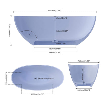 61" X 29.5" Inch Nuvia Freestanding Modern Oval Stone Resin Soaking Tub with Overflow Drain