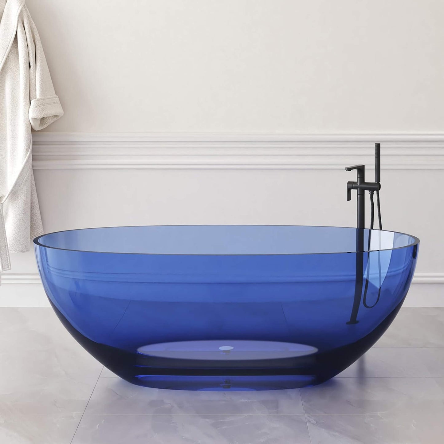 61" X 29.5" Inch Nuvia Freestanding Modern Oval Stone Resin Soaking Tub with Overflow Drain
