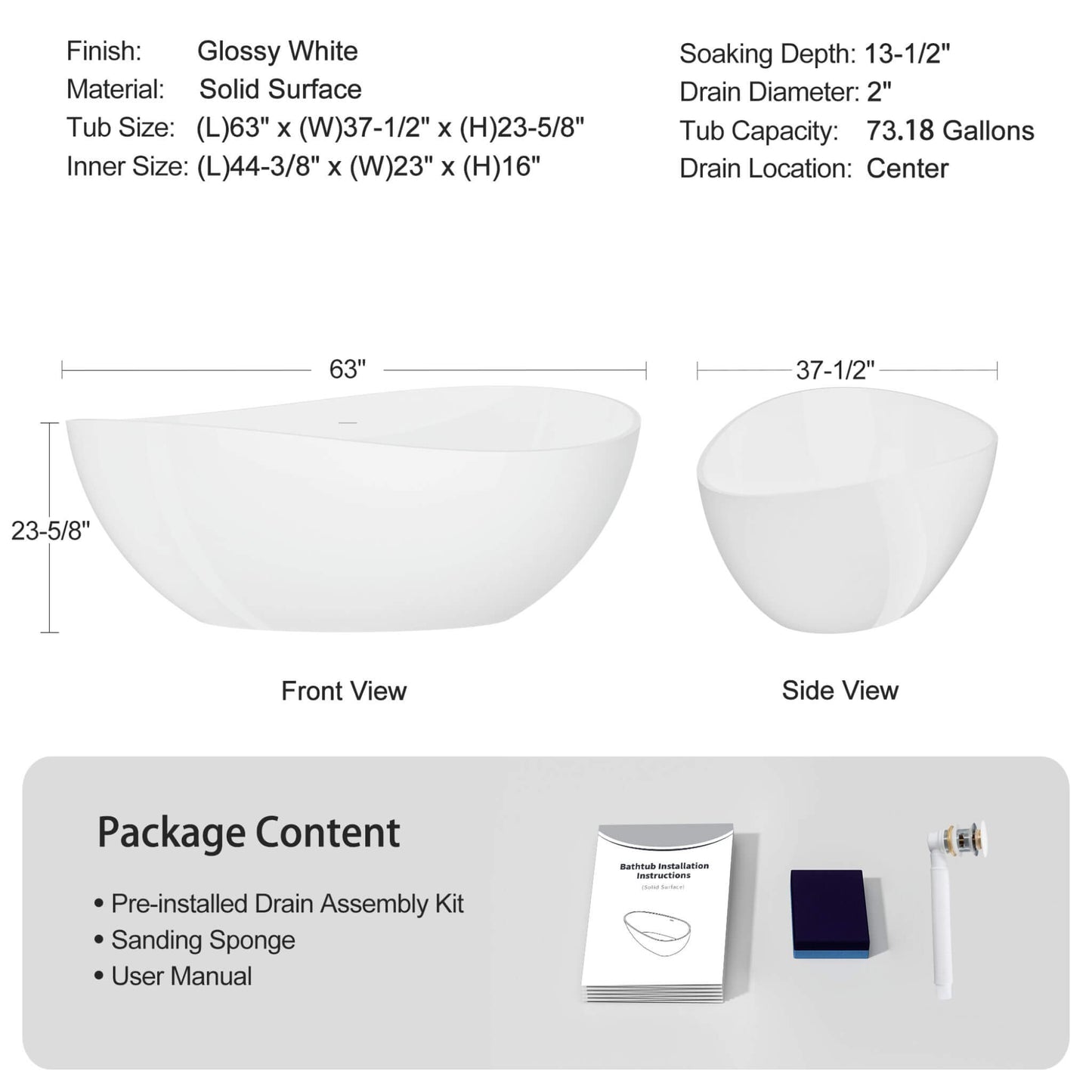 Nuvia 63-Inch Freestanding Glossy White Stone Resin Bathtub with Overflow and Drain