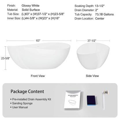 Nuvia 63-Inch Freestanding Glossy White Stone Resin Bathtub with Overflow and Drain