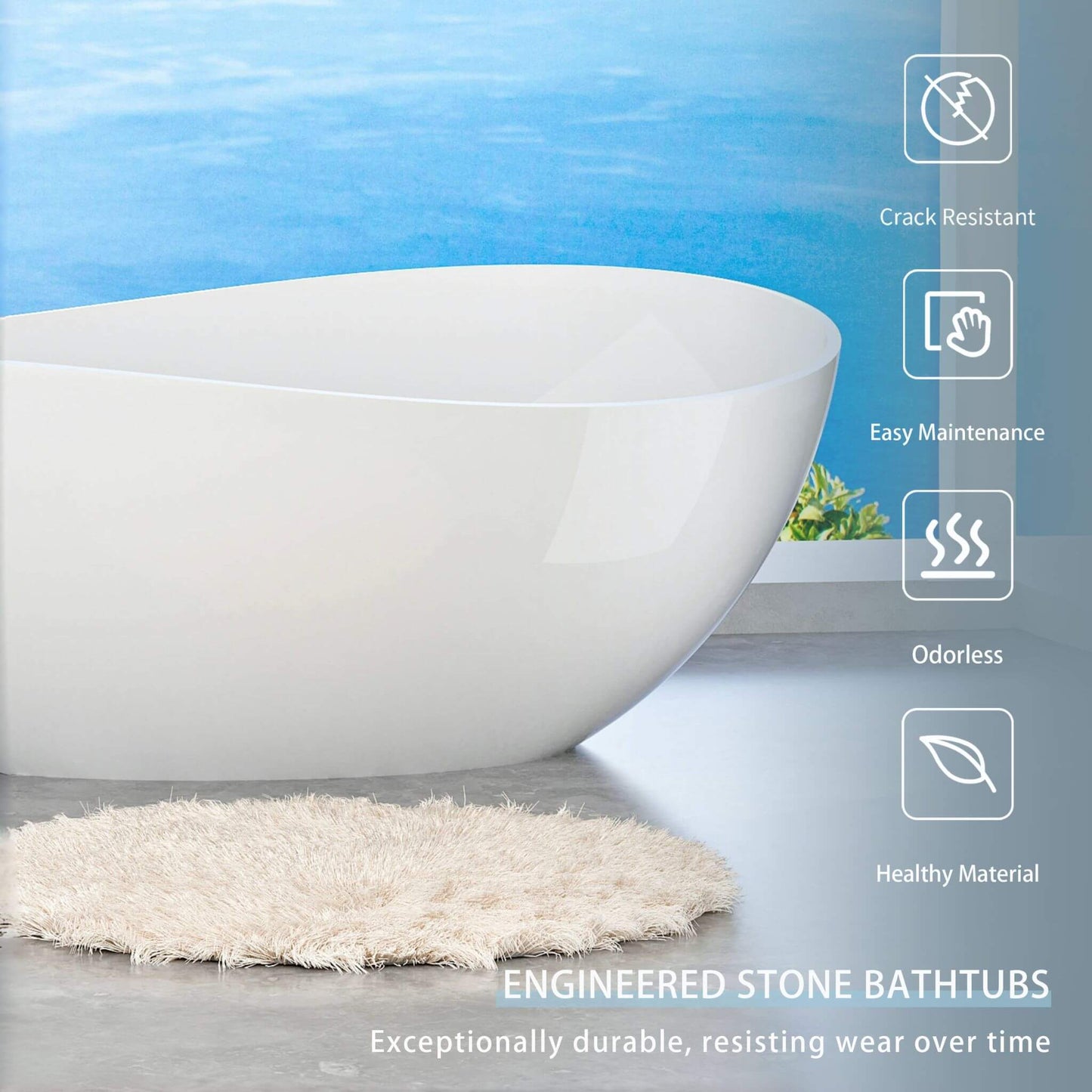 Nuvia 63-Inch Freestanding Glossy White Stone Resin Bathtub with Overflow and Drain