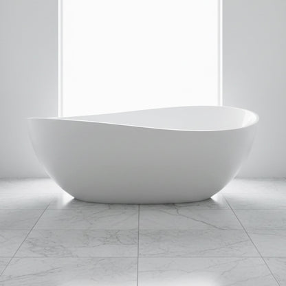 Nuvia 63-Inch Freestanding Glossy White Stone Resin Bathtub with Overflow and Drain