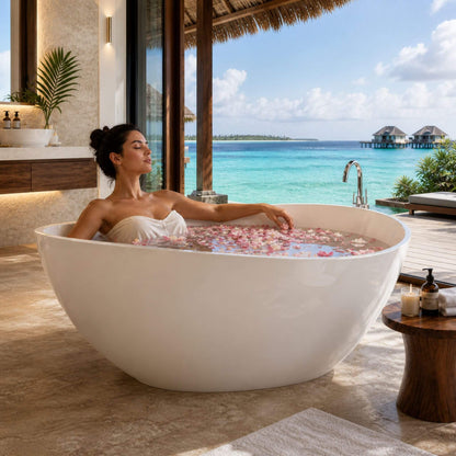 Nuvia 63-Inch Freestanding Glossy White Stone Resin Bathtub with Overflow and Drain