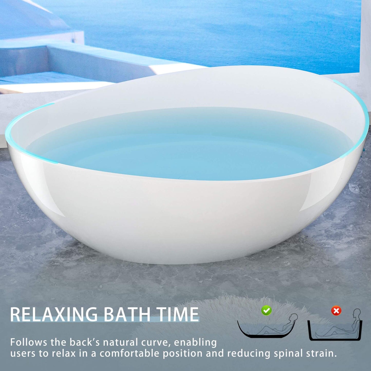 Nuvia 63-Inch Freestanding Glossy White Stone Resin Bathtub with Overflow and Drain