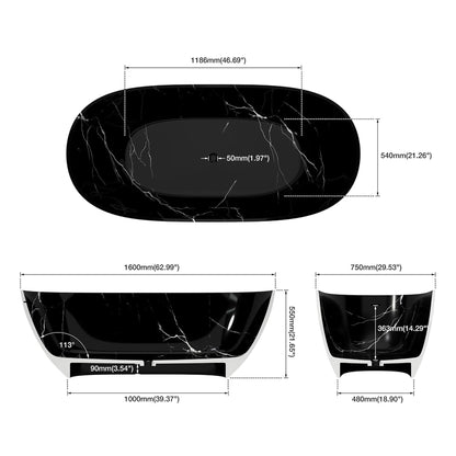63" X 29.5" Inch Nuvia Freestanding Modern Marble-Design Solid Surface Soaking Tub with Overflow