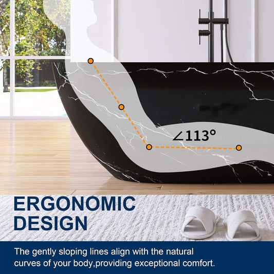 63" X 29.5" Inch Nuvia Freestanding Modern Marble-Design Solid Surface Soaking Tub with Overflow