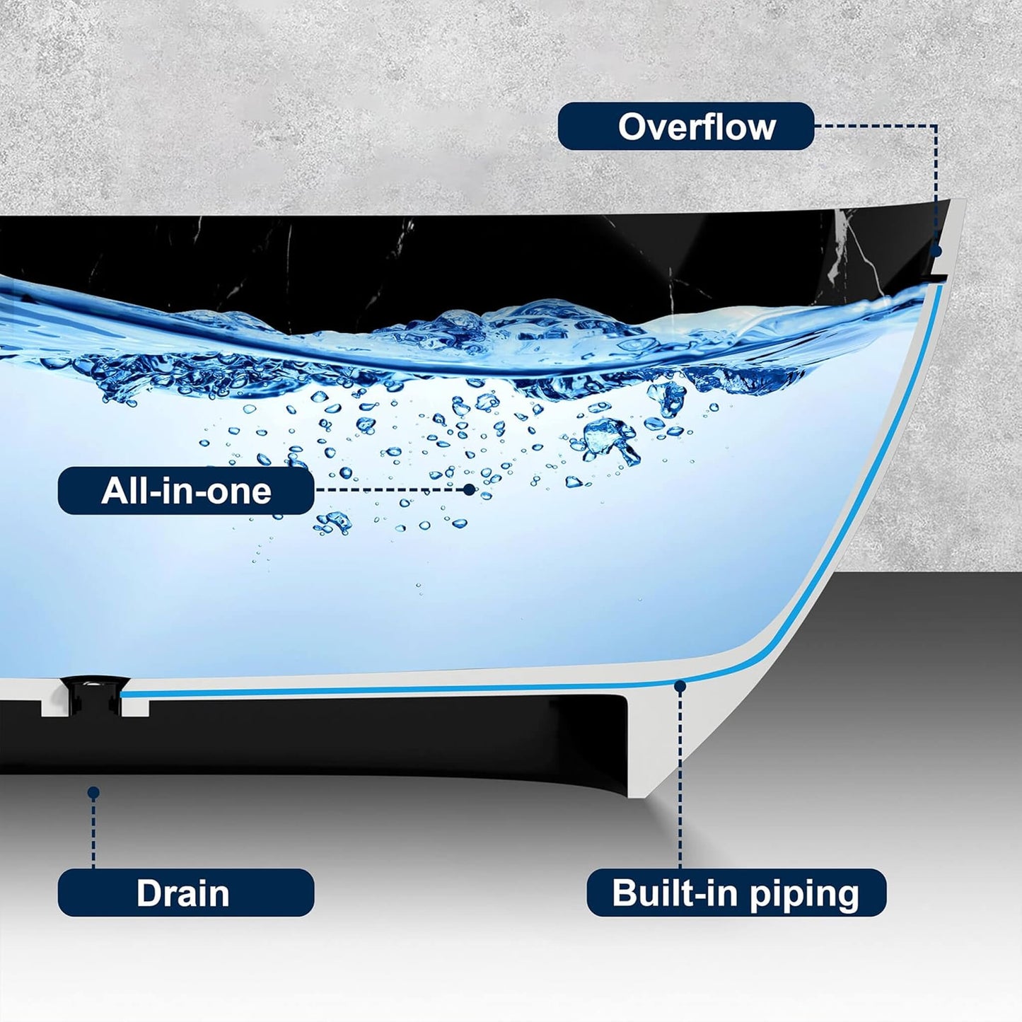 63" X 29.5" Inch Nuvia Freestanding Modern Marble-Design Solid Surface Soaking Tub with Overflow