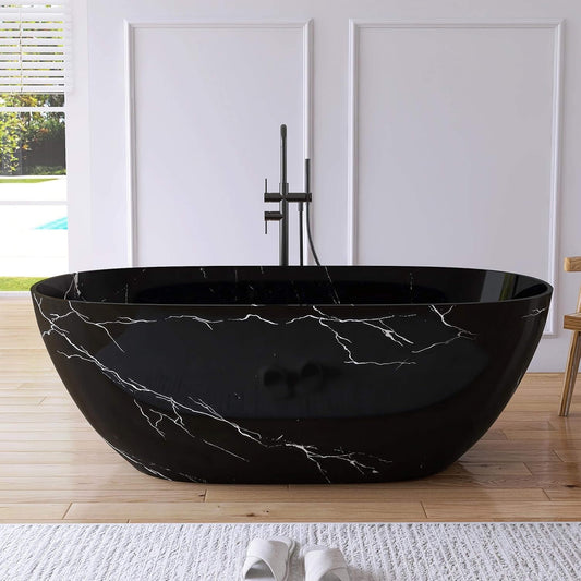 63" X 29.5" Inch Nuvia Freestanding Modern Marble-Design Solid Surface Soaking Tub with Overflow