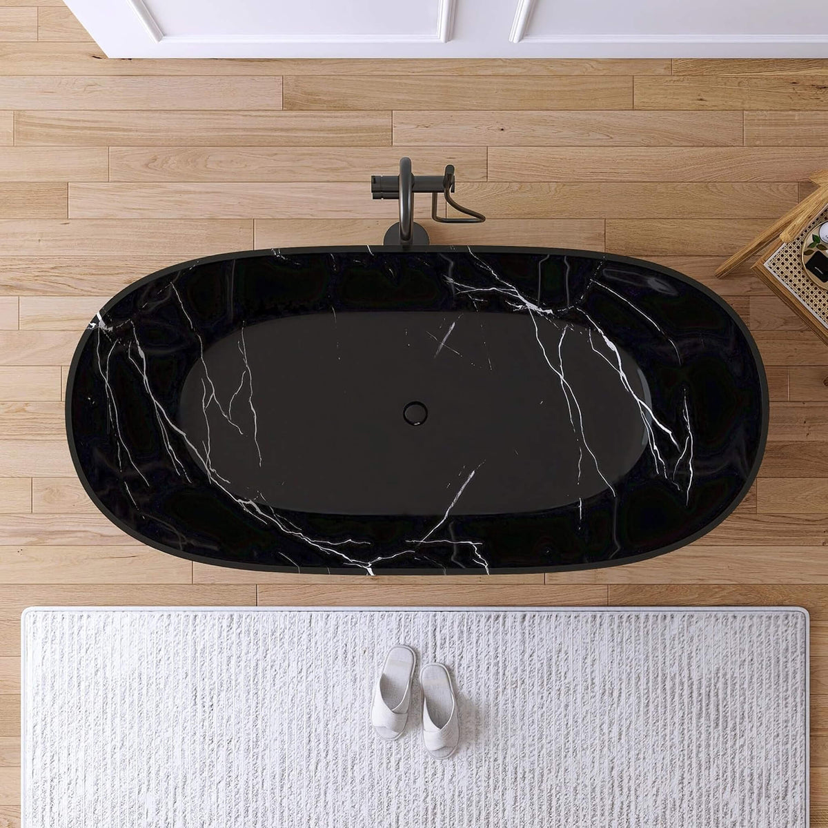 63" X 29.5" Inch Nuvia Freestanding Modern Marble-Design Solid Surface Soaking Tub with Overflow