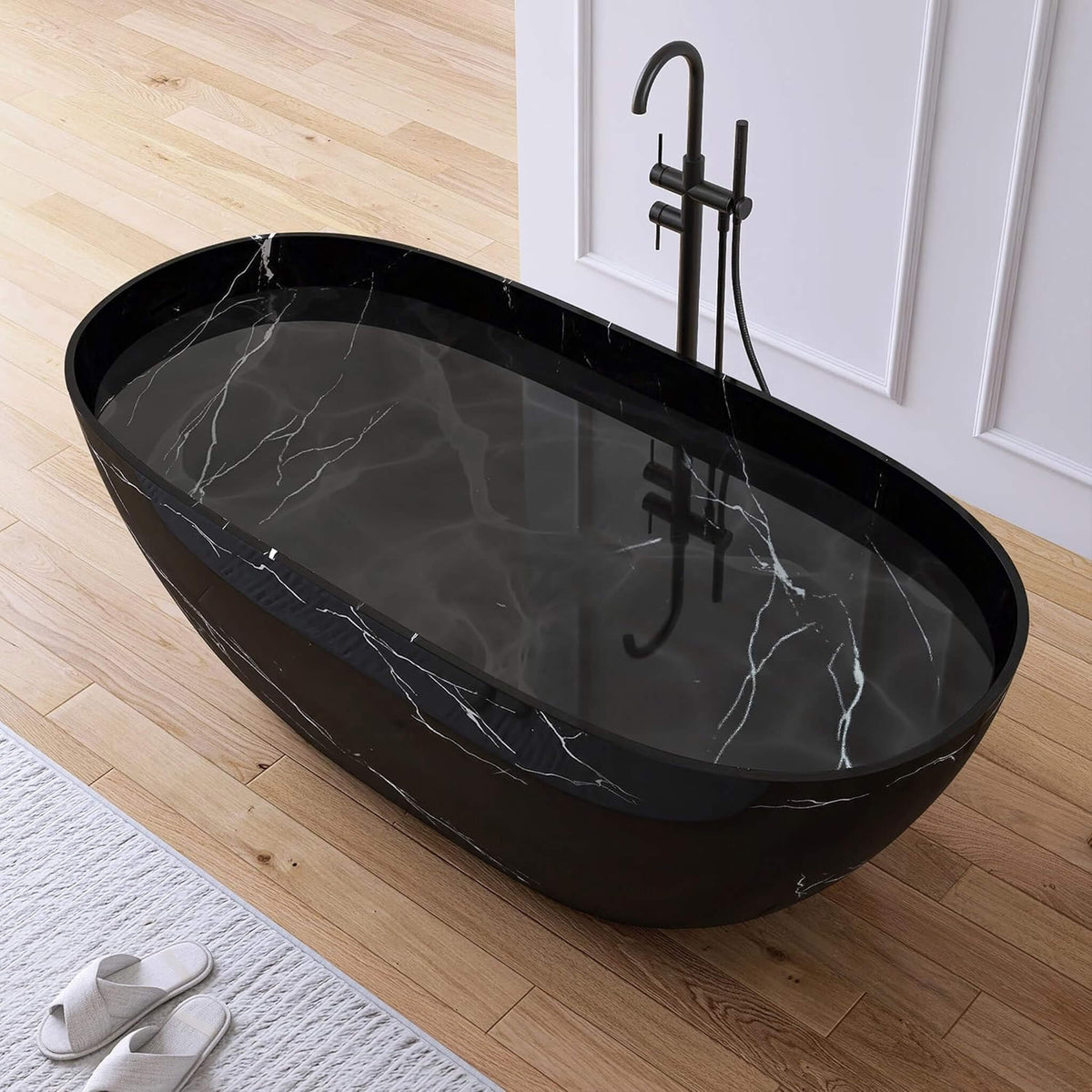 63" X 29.5" Inch Nuvia Freestanding Modern Marble-Design Solid Surface Soaking Tub with Overflow