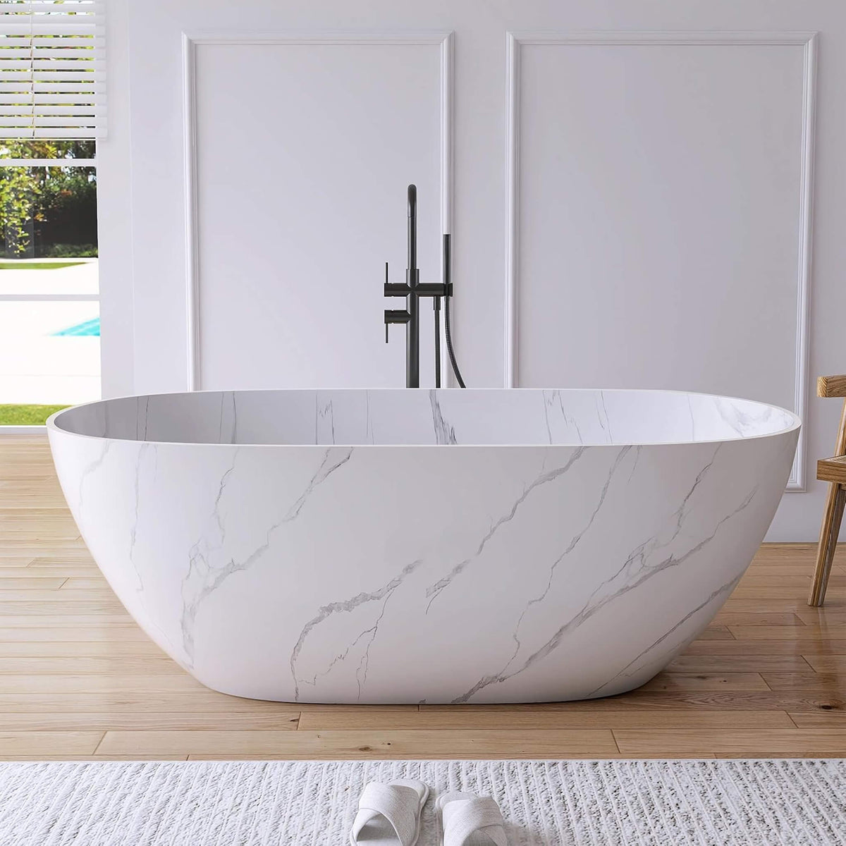 63" X 29.5" Inch Nuvia Freestanding Modern Marble-Design Solid Surface Soaking Tub with Overflow