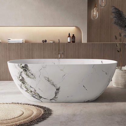 63" X 29.5" Inch Nuvia Freestanding Modern Marble-Design Solid Surface Soaking Tub with Overflow