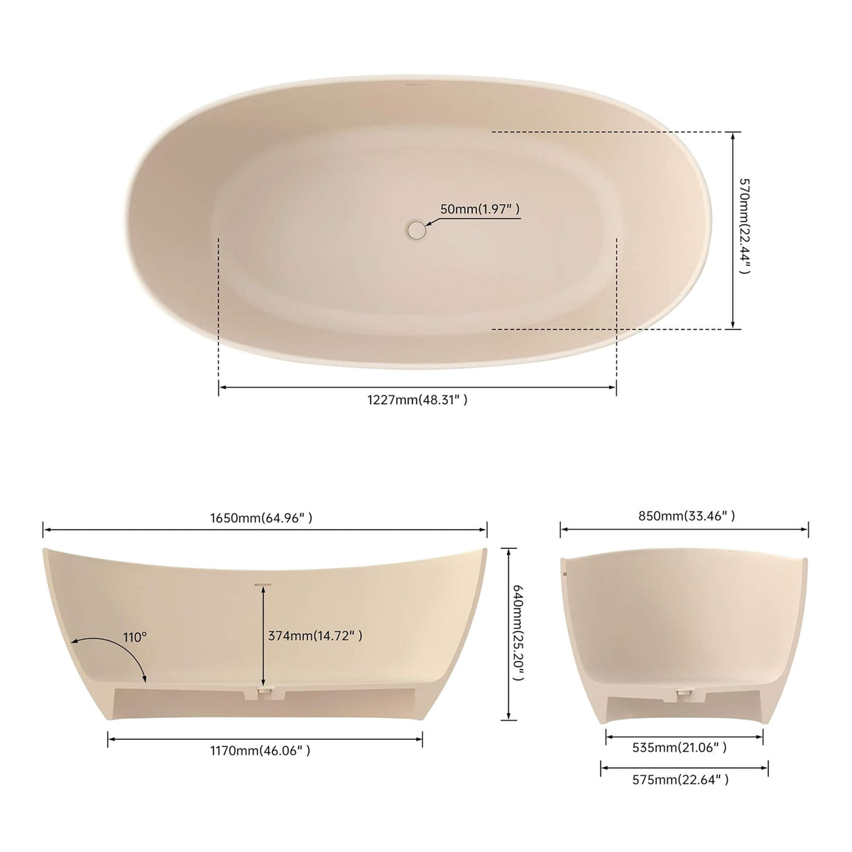 65" X 33.5" Inch Nuvia Freestanding Modern Oval Stone Resin Soaking Tub with Overflow Drain