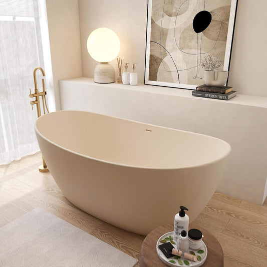 65" X 33.5" Inch Nuvia Freestanding Modern Oval Stone Resin Soaking Tub with Overflow Drain