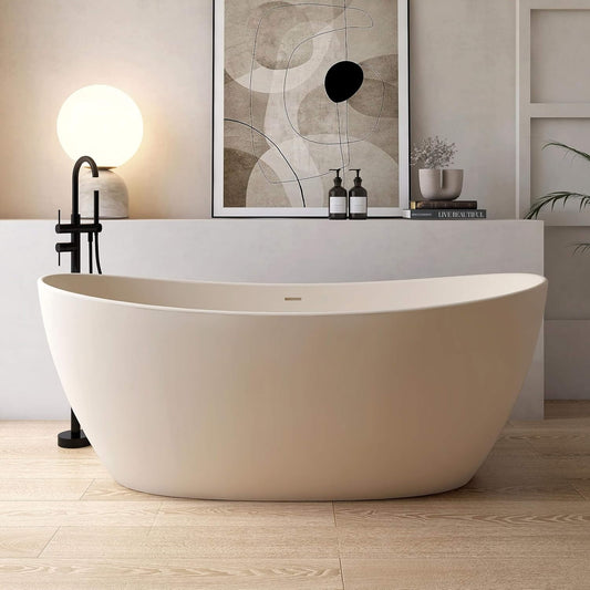 65" X 33.5" Inch Nuvia Freestanding Modern Oval Stone Resin Soaking Tub with Overflow Drain