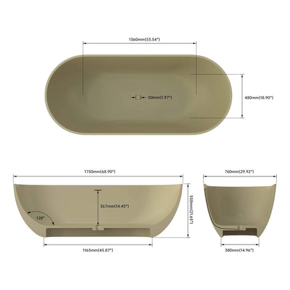 69" X 30" Inch Nuvia Freestanding Oval Stone Resin Soaking Tub with Overflow Drain