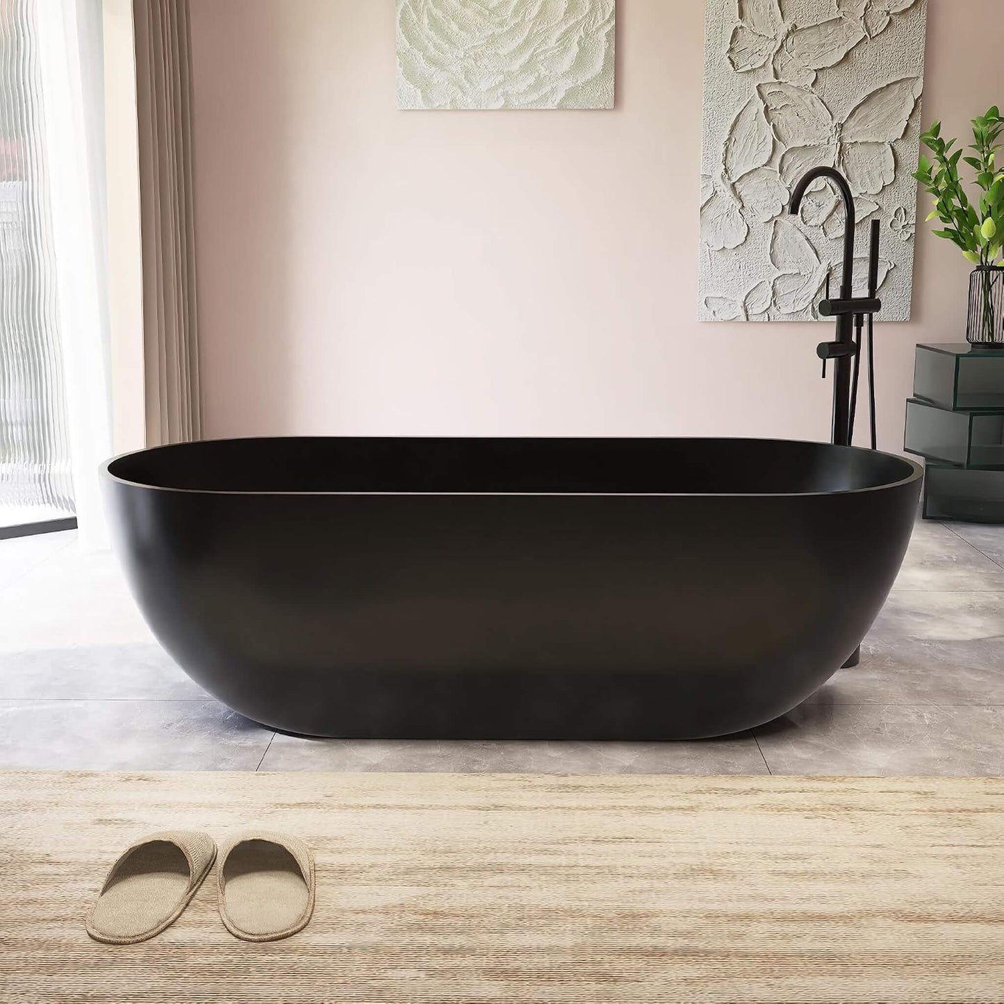 69" X 30" Inch Nuvia Freestanding Oval Stone Resin Soaking Tub with Overflow Drain