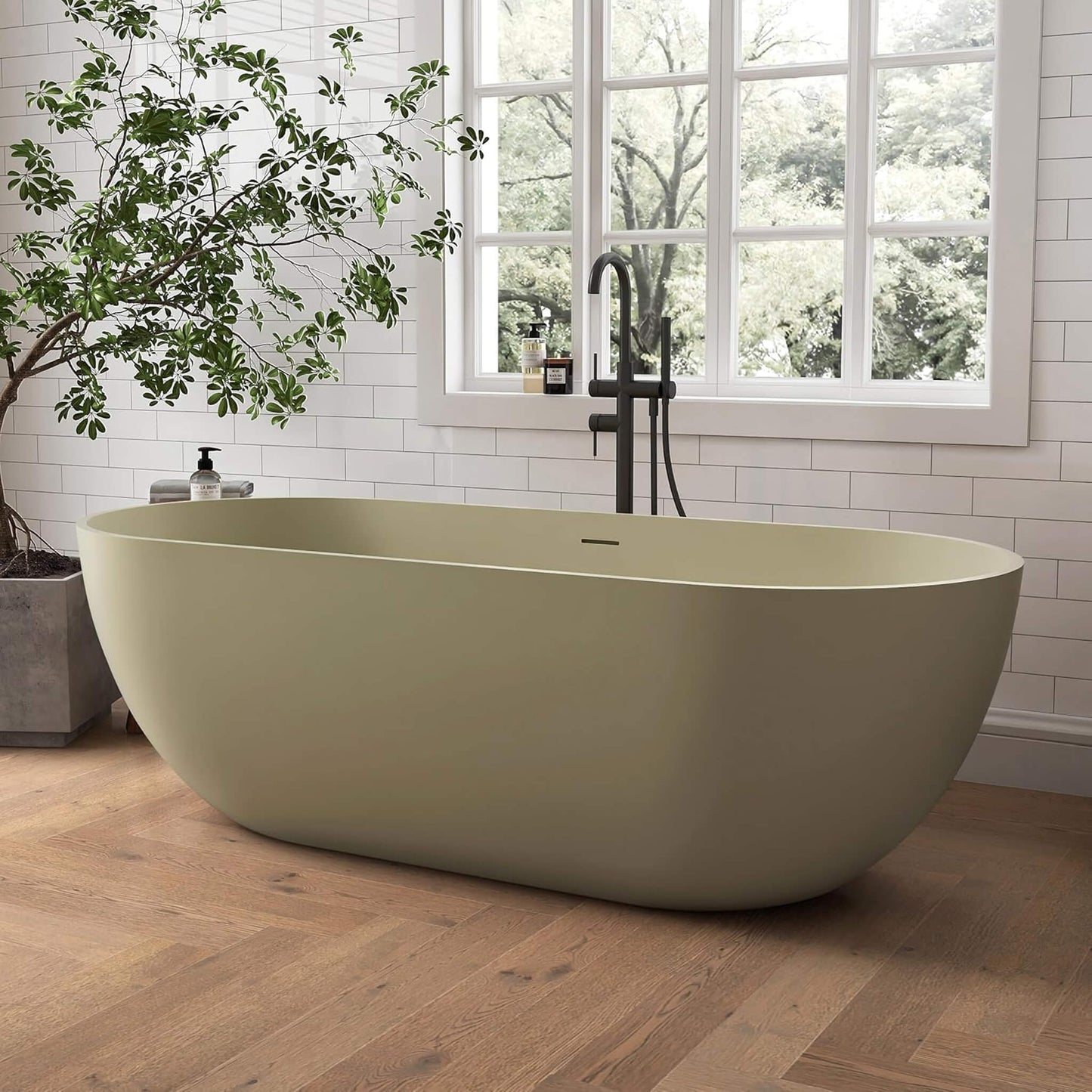 69" X 30" Inch Nuvia Freestanding Oval Stone Resin Soaking Tub with Overflow Drain