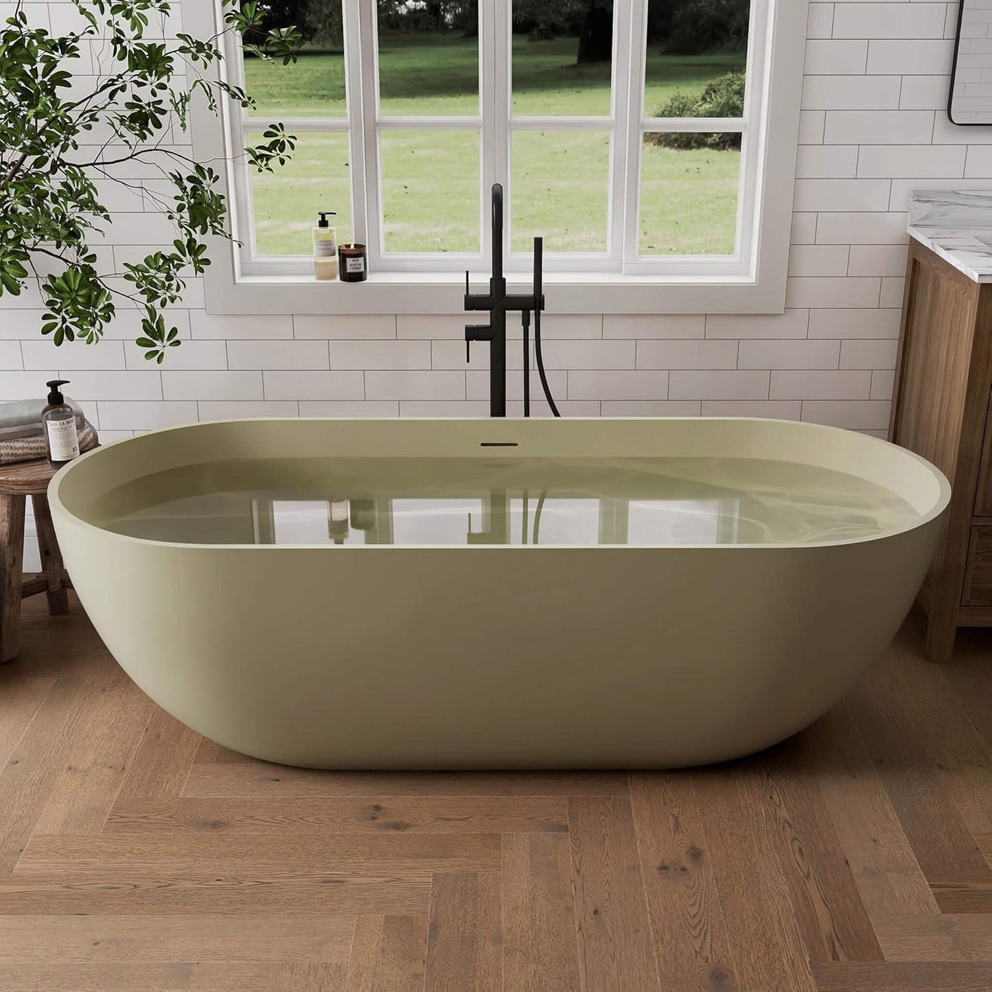 69" X 30" Inch Nuvia Freestanding Oval Stone Resin Soaking Tub with Overflow Drain