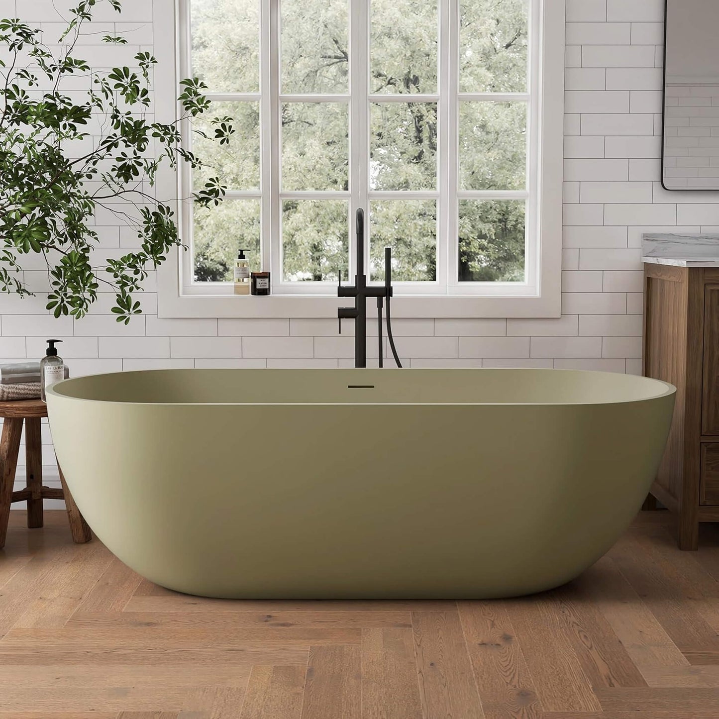 69" X 30" Inch Nuvia Freestanding Oval Stone Resin Soaking Tub with Overflow Drain