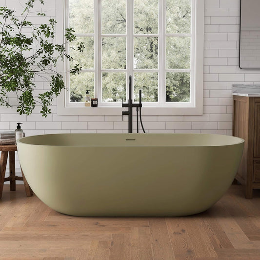 69" X 30" Inch Nuvia Freestanding Oval Stone Resin Soaking Tub with Overflow Drain