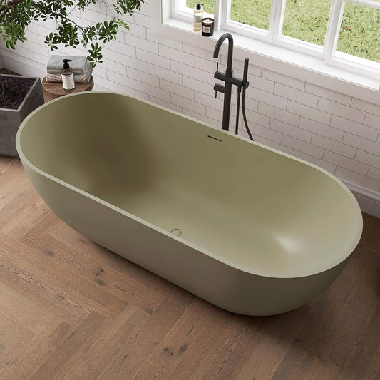 69" X 30" Inch Nuvia Freestanding Oval Stone Resin Soaking Tub with Overflow Drain