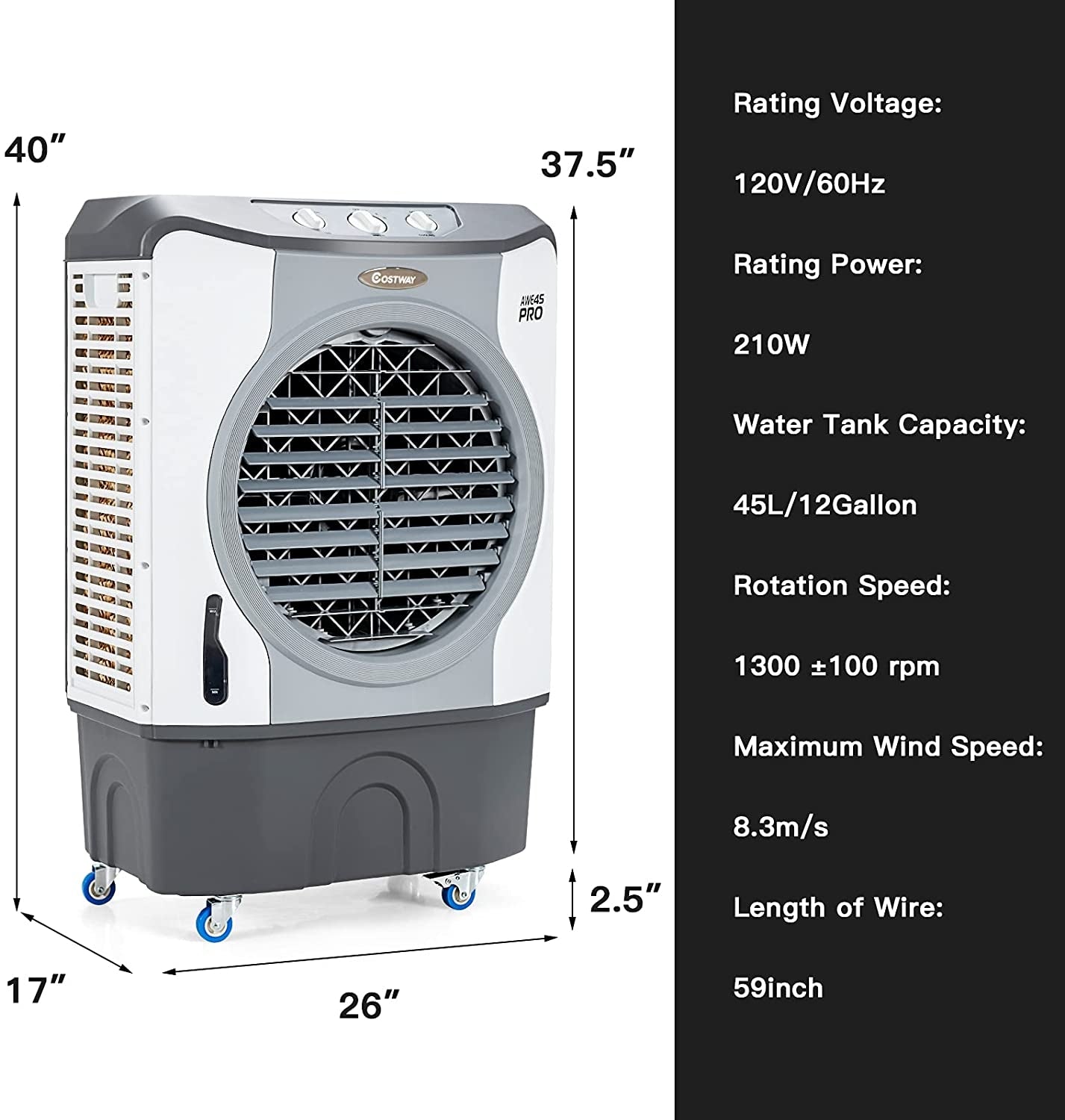 4-in-1 Industrial Evaporative Air Cooler Fan with 12 Gallon Tank and Wheels