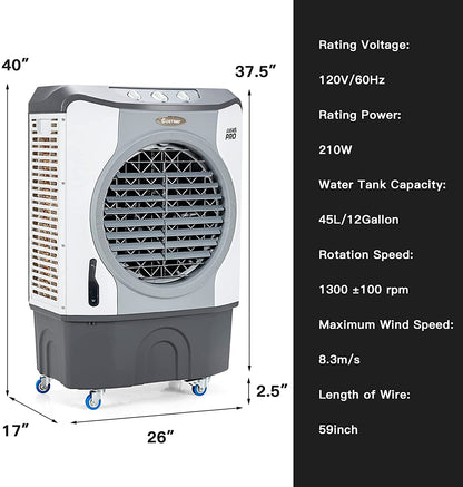 4-in-1 Industrial Evaporative Air Cooler Fan with 12 Gallon Tank and Wheels