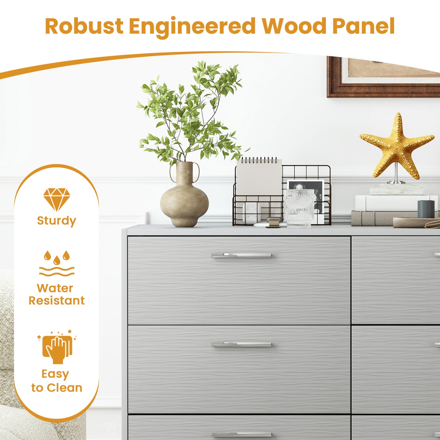 6 Drawer Storage Cabinet with Metal Legs Handles with Anti-Toppling Devices