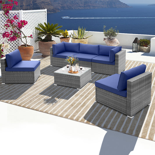 6 Piece Patio Conversation Sofa Set with Tempered Glass Coffee Table - Navy