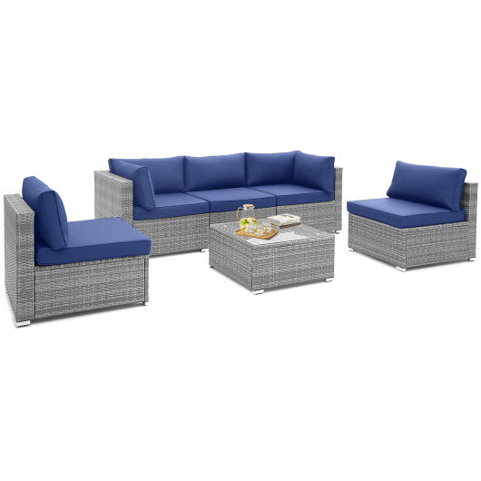 6 Piece Patio Conversation Sofa Set with Tempered Glass Coffee Table - Navy