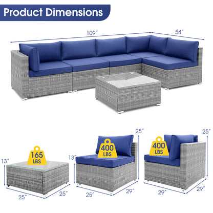 6 Piece Patio Conversation Sofa Set with Tempered Glass Coffee Table - Navy