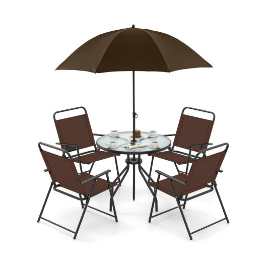 6 Pieces Patio Dining Set Folding Chairs Glass Table Tilt Umbrella for Garden - Coffee