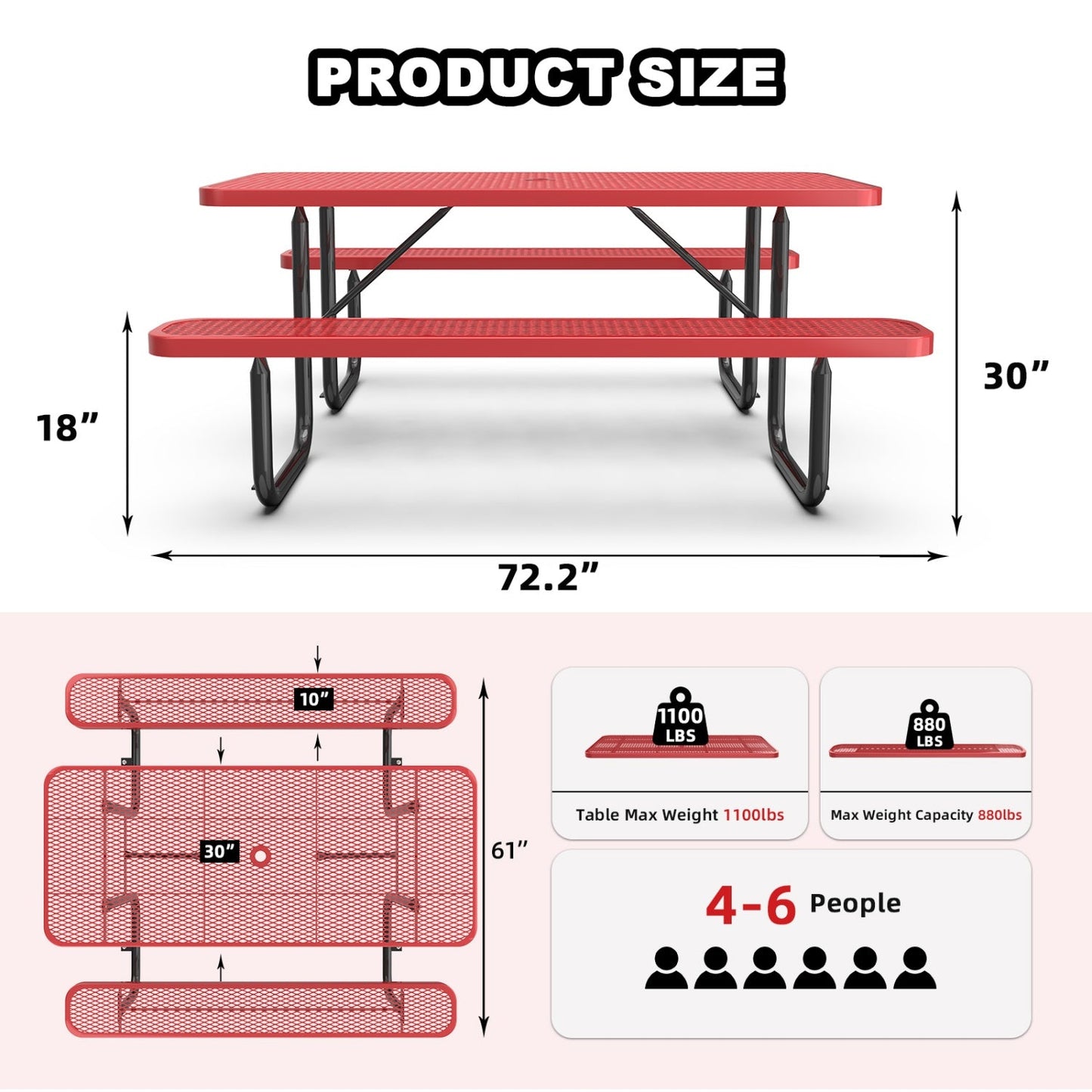 6ft Rectangle Picnic Table with Umbrella Hole