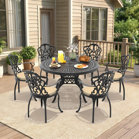 Alora 7-Piece Cast Aluminum Patio Furniture Set with Black Frame and Off-White Cushions