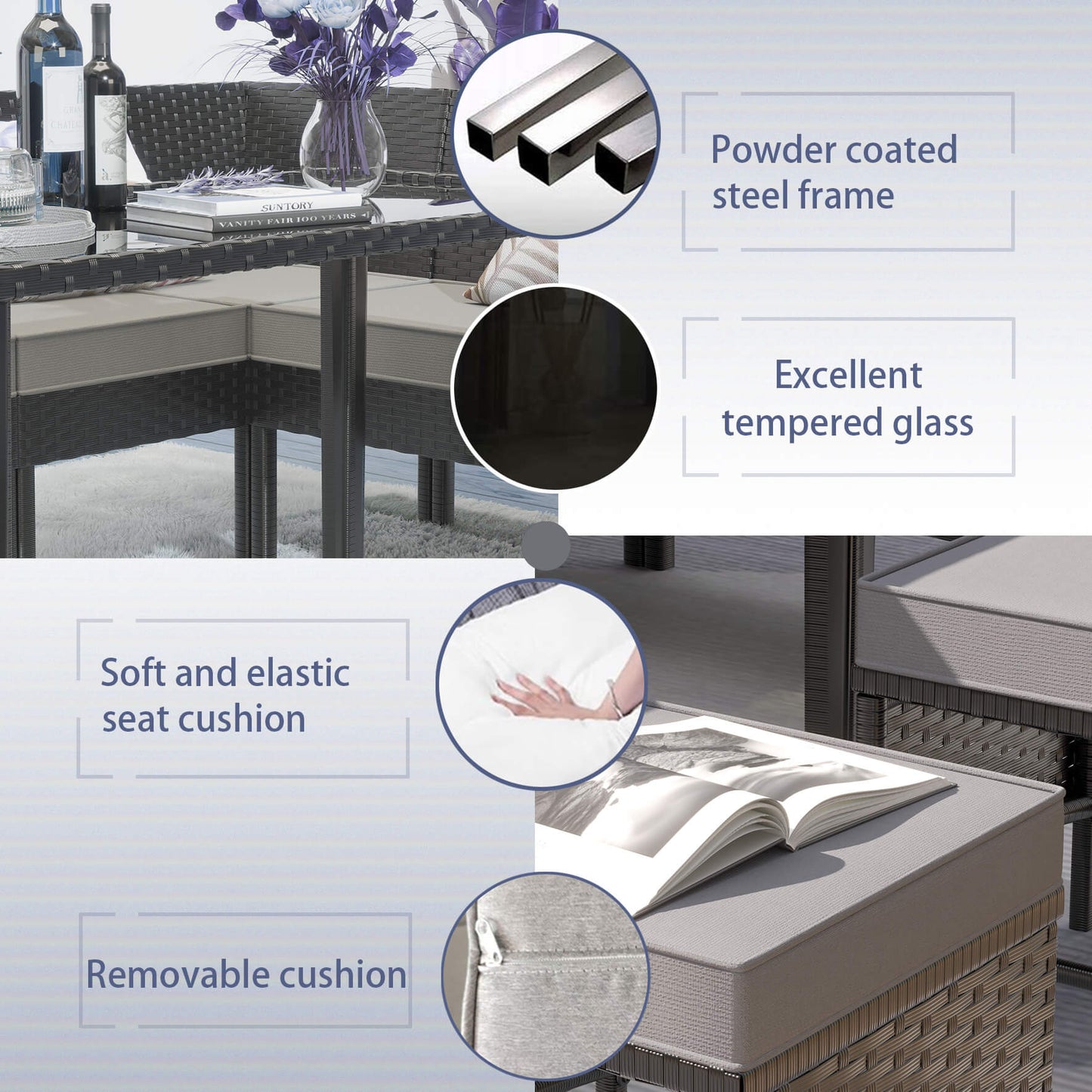 Alora 7-Piece Modern Outdoor Patio Furniture Set With Waterproof Cushions & Glass Table