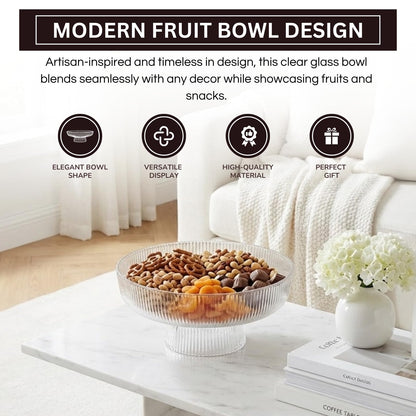Decorative Fluted Transparent Glass Bowl, Fruit, Snacks Sweets