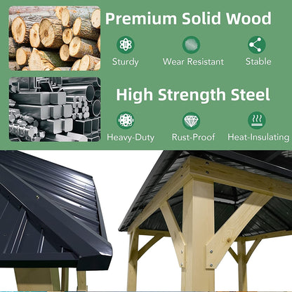 10' x 10' FT Patio Pine Wood Hardtop Gazebo with Double Steel Roof for Outdoor