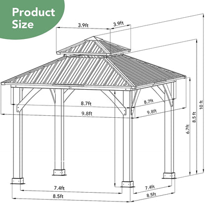 10' x 10' FT Patio Pine Wood Hardtop Gazebo with Double Steel Roof for Outdoor