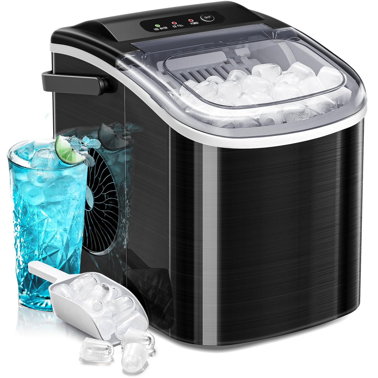 Countertop Ice Maker Machine with Handle, 9 Bullet-Shaped Ice Cubes Ready in 6 Mins, 26Lbs/24H, Self-Cleaning Function with Ice Scoop and Basket