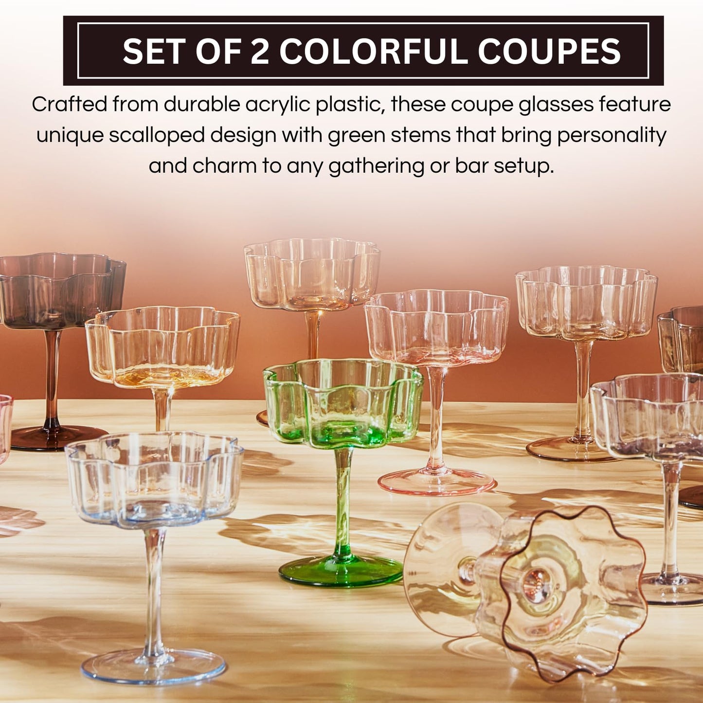 Flower Wave Coupe Cocktail Colored Glasses | Set of 2 | Jade