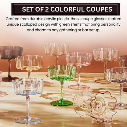 Flower Wave Coupe Cocktail Colored Glasses | Set of 2 | Jade